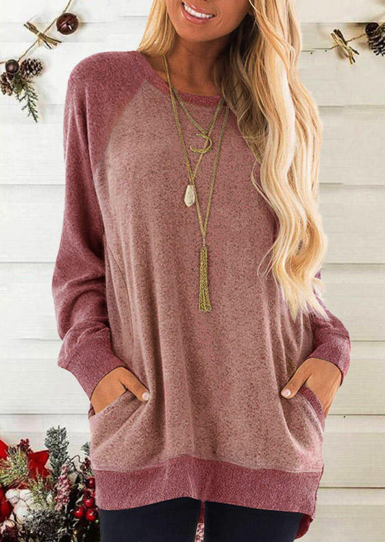 

Blouses Pocket O-Neck Long Sleeve Blouse in Cameo Brown. Size