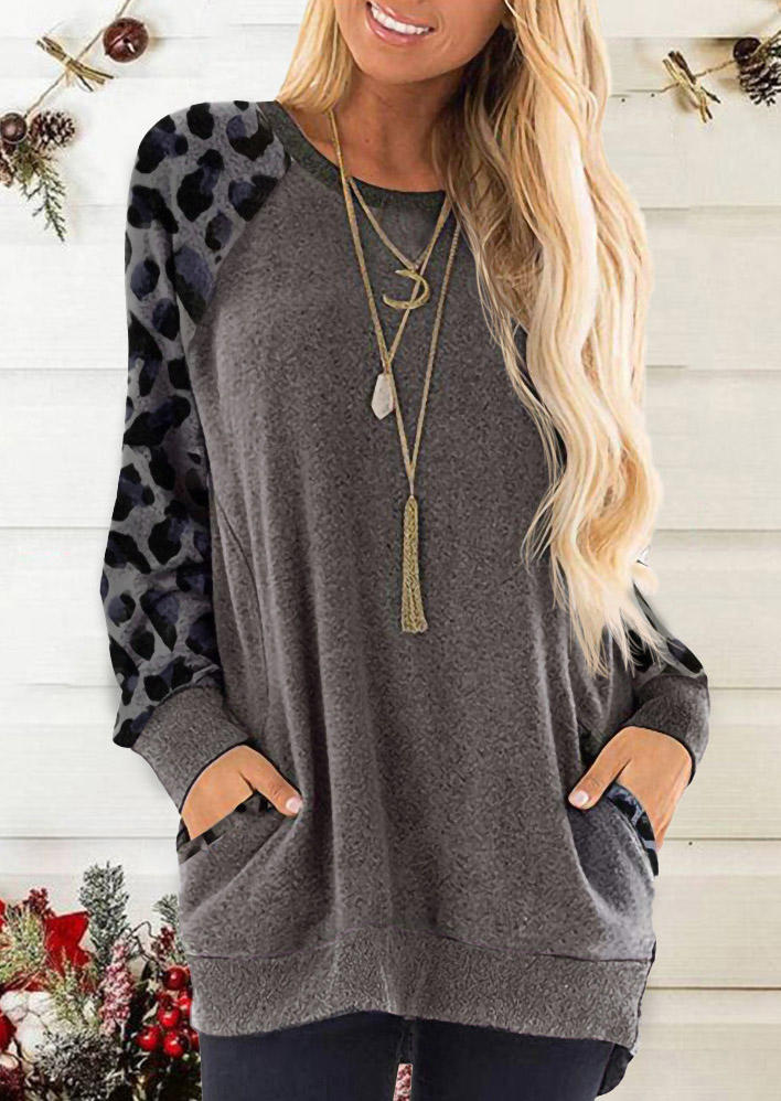 

Blouses Leopard Pocket Splicing Long Sleeve Blouse in Gray. Size