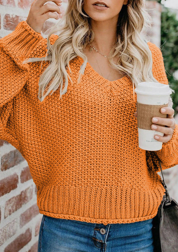 Sweaters Knitted V-Neck Drop Shoulder Sweater in Orange. Size: M