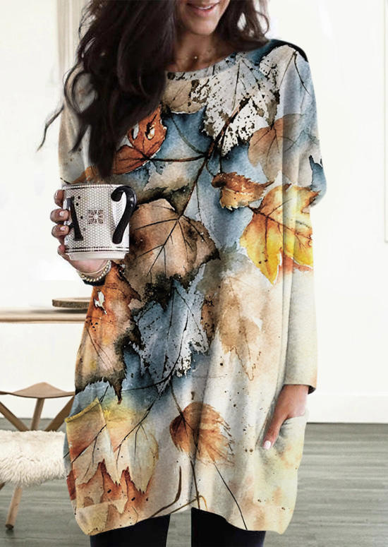 

Mini Dresses Maple Leaf Long Sleeve O-Neck Mini Dress in Multicolor. Size: ,M,L,XL