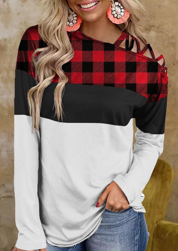 Buffalo Plaid Criss-Cross One Sided Cold Shoulder Blouse - Red