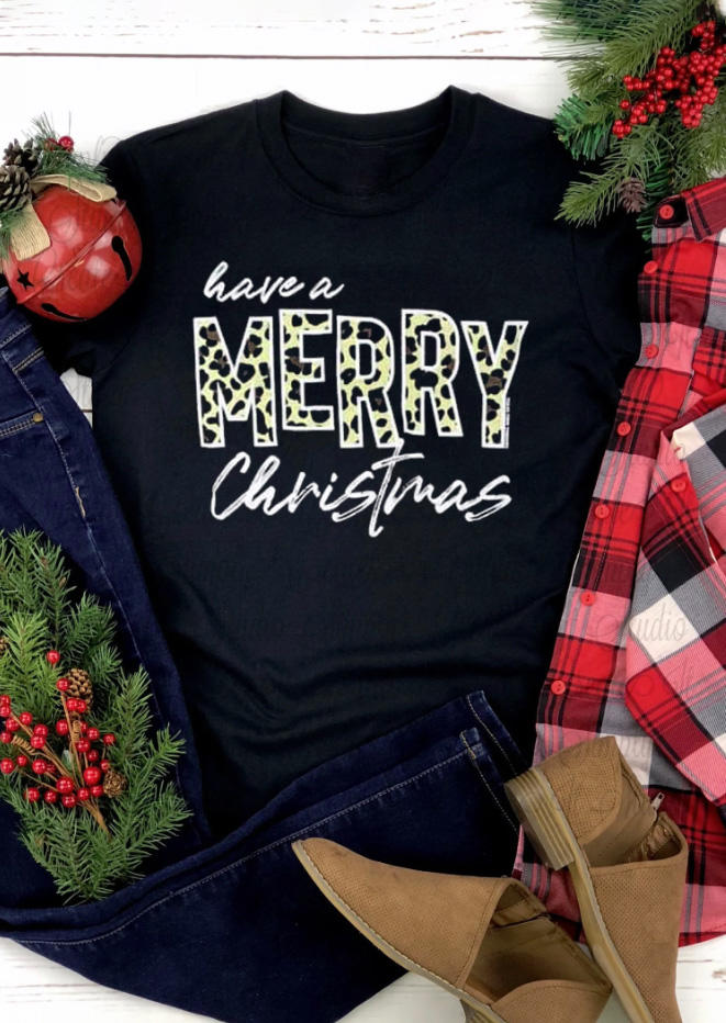 

T-shirts Tees Have A Merry Christmas Leopard T-Shirt Tee in Black. Size