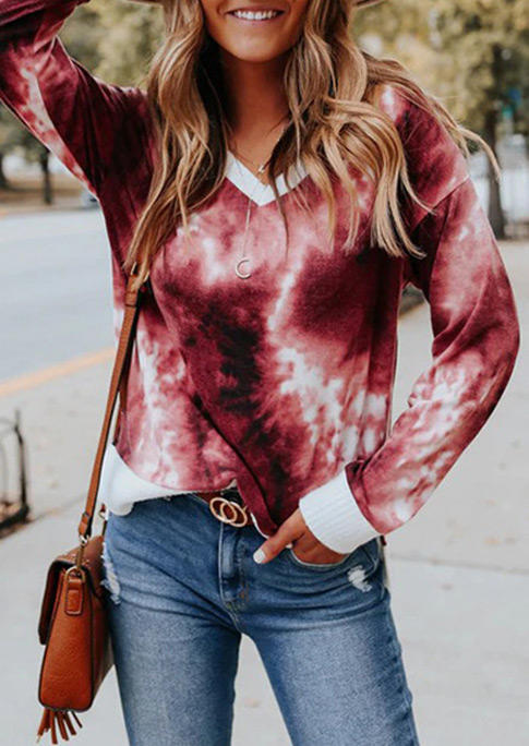 

Blouses Tie Dye Slit V-Neck Asymmetric Blouse in Red. Size