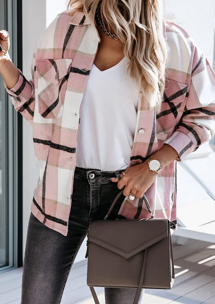 

Coats Plaid Pocket Button Long Sleeve Coat in Pink. Size: ,M,L,XL