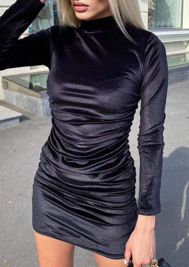 

Bodycon Dresses Ruched Turtleneck Long Sleeve Bodycon Dress in Black. Size: ,M,L