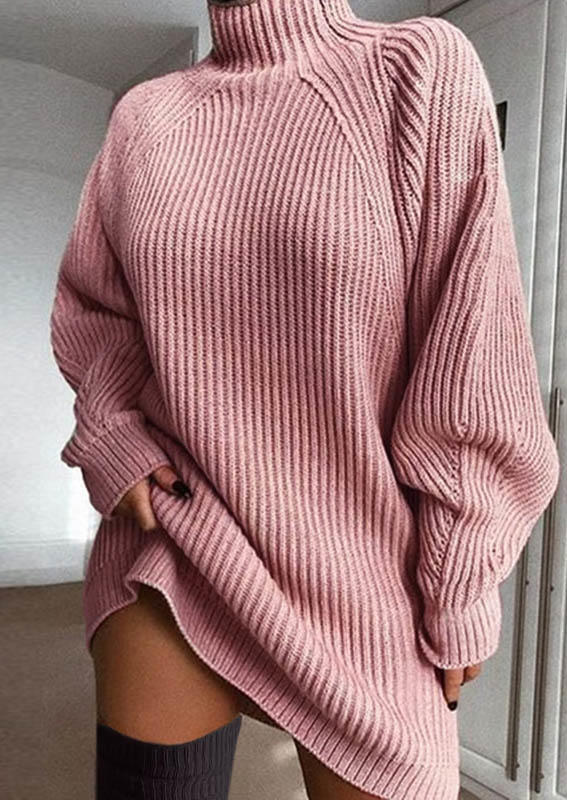 Knitted Rib Long Sleeve Sweater Mini Dress - Pink