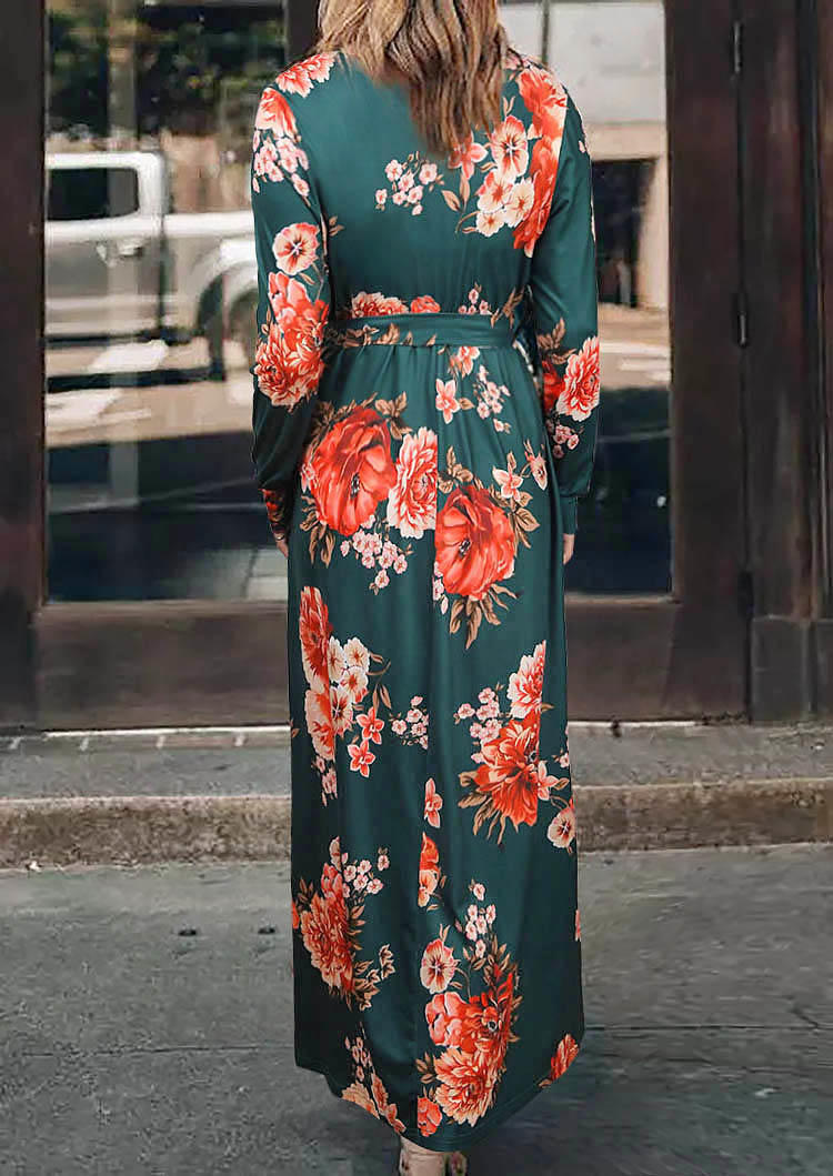 Maxi Dresses Floral Wrap Long Sleeve V-Neck Maxi Dress in Green. Size: S