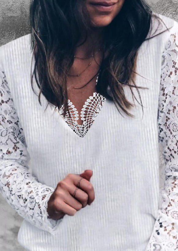 Lace Splicing Casual Sweater - White