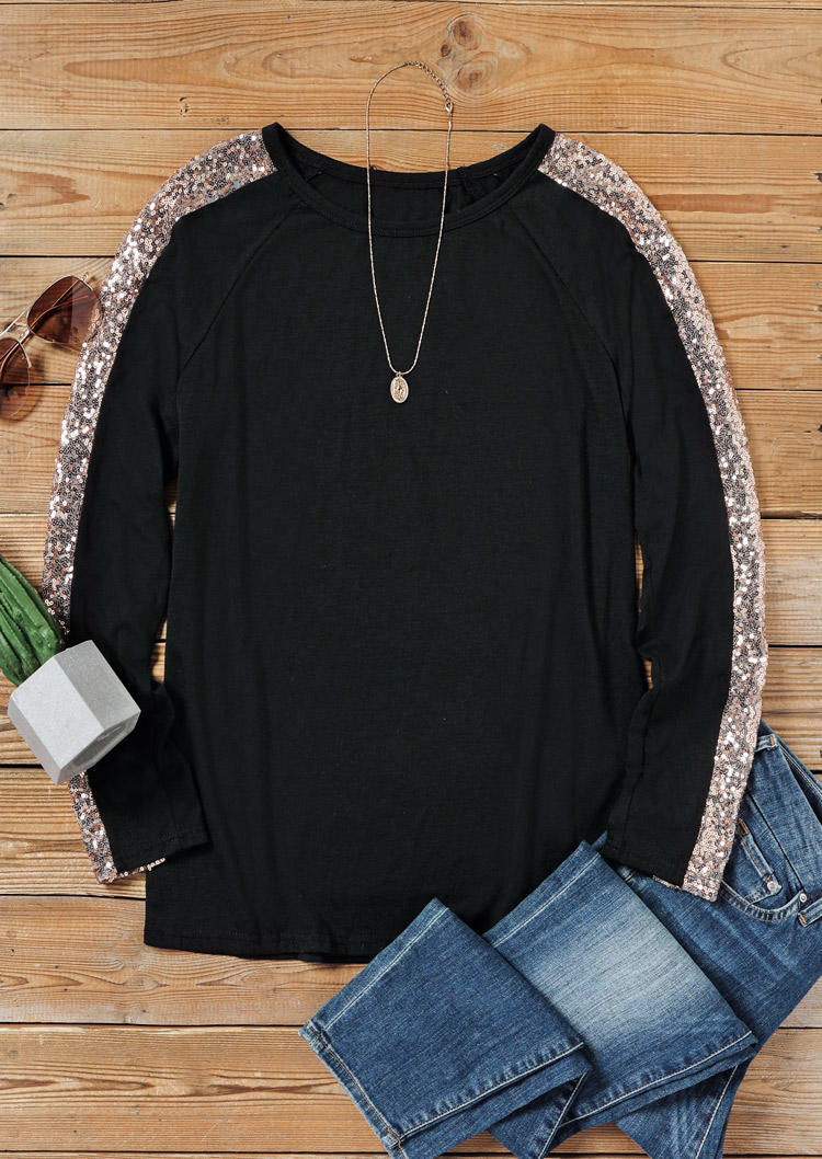 

Blouses Sequined Splicing Long Sleeve Blouse in Black. Size