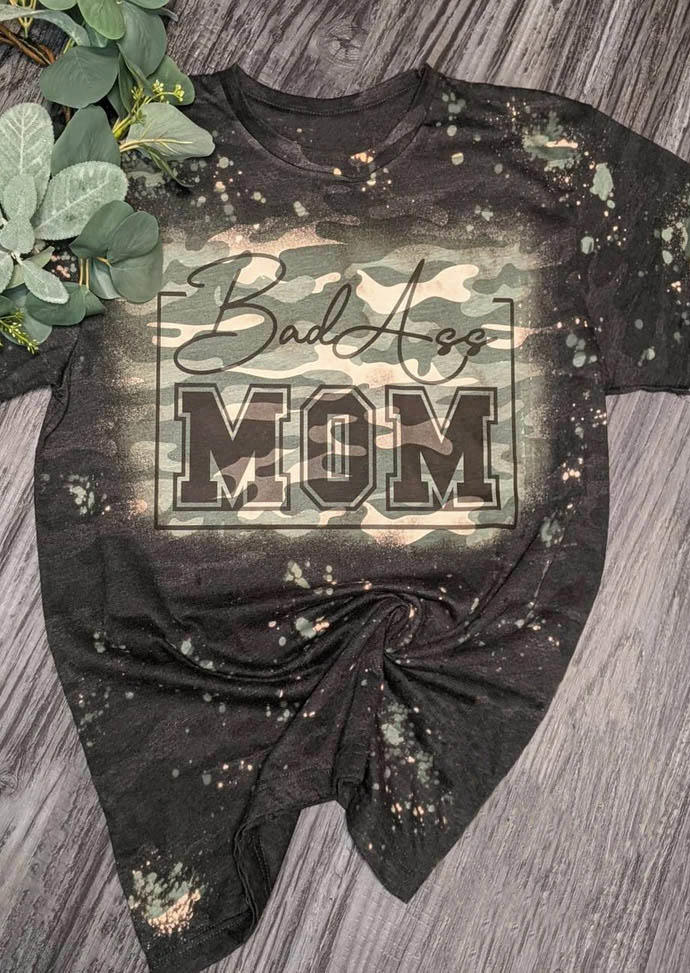 T-shirts Tees Camouflage Bad Ass Mom O-Neck  T-Shirt Tee in Multicolor. Size: M,L