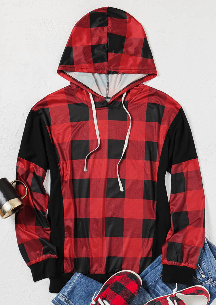 

Hoodies Plaid Drawstring Pullover Long Sleeve Hoodie in Red. Size: ,XL