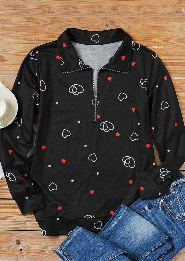 Sweatshirts Love Heart Zipper Collar Sweatshirt in Black. Size: S,M