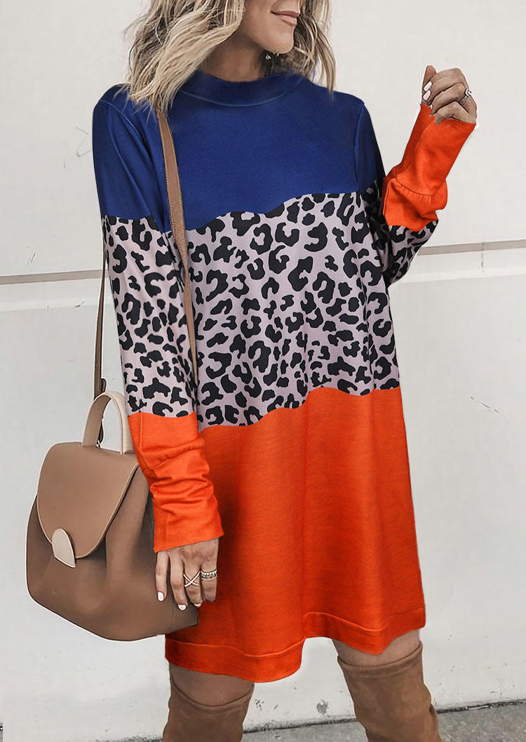 Leopard Color Block Long Sleeve Mini Dress