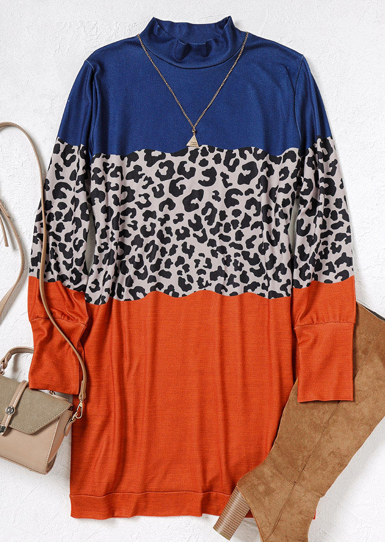 

Mini Dresses Leopard Color Block Long Sleeve Mini Dress in Multicolor. Size: L,M