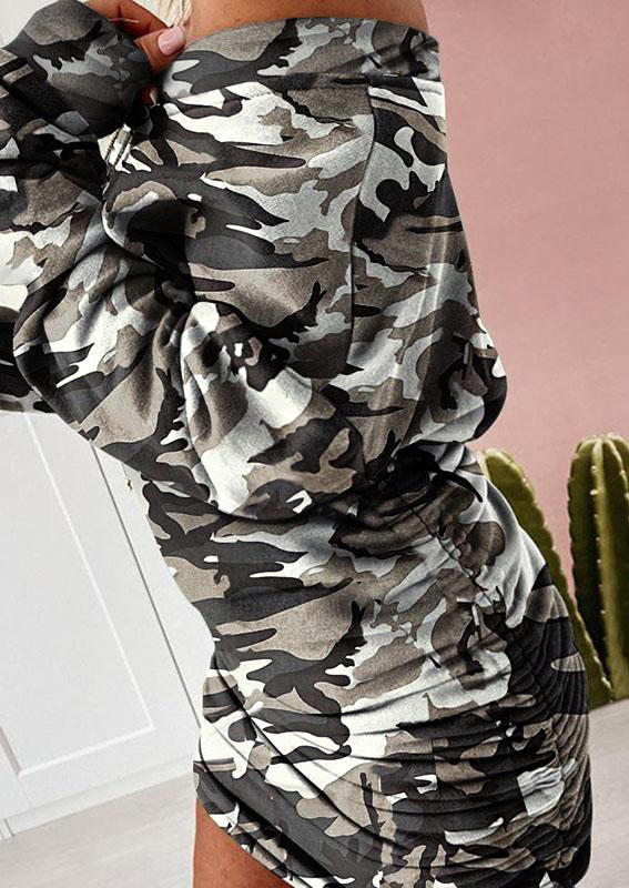 

Mini Dresses Camouflage Ruched Drawstring Long Sleeve Mini Dress in Camouflage. Size