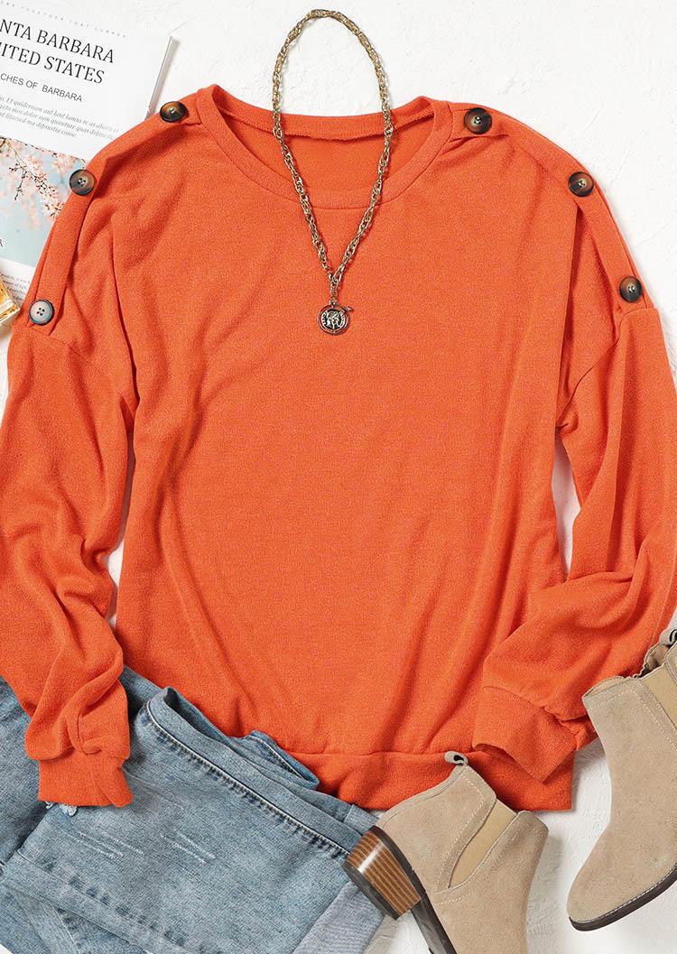Blouses Button O-Neck Long Sleeve Blouse in Orange. Size: S,M