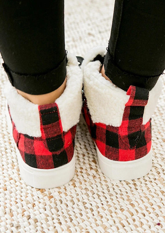 Plaid Lace Up Plush Warm Sneakers - Red