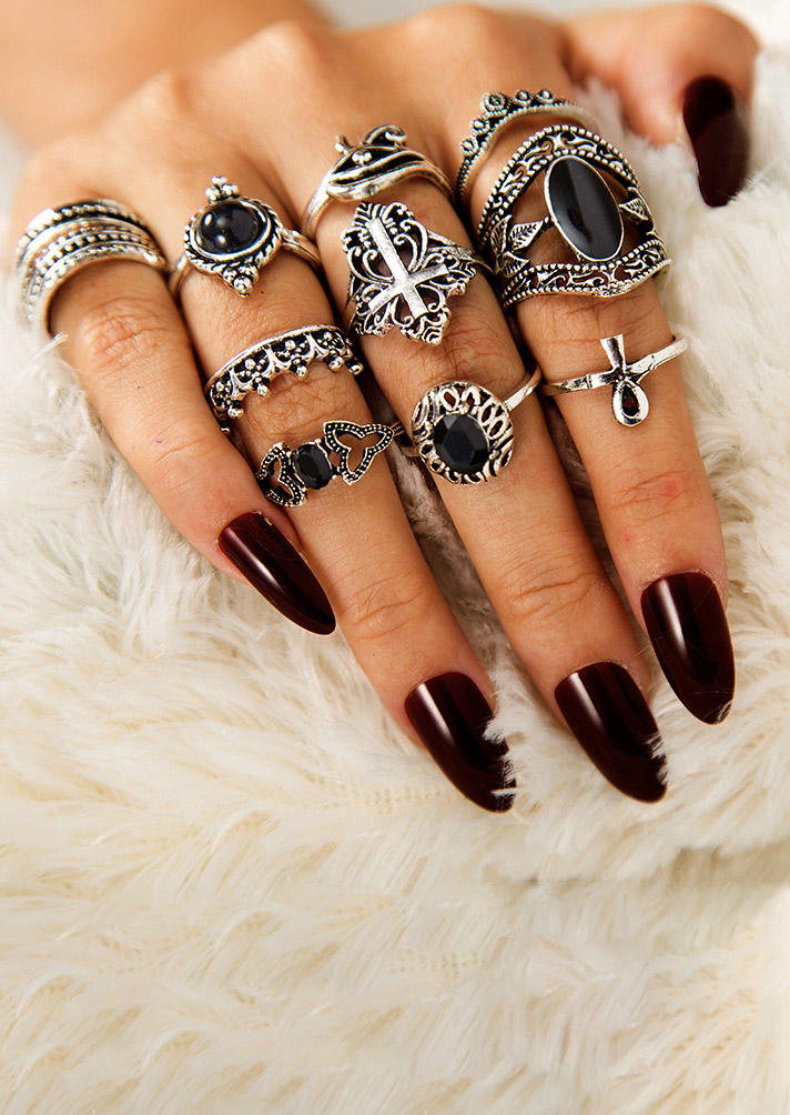 

Rings 11Pcs Cross Crown Alloy Bohemian Ring Set in Black. Size