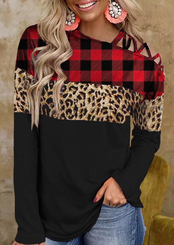 Blouses Buffalo Plaid Leopard Criss-Cross One Sided Cold Shoulder Blouse in Multicolor. Size: L,S,XL