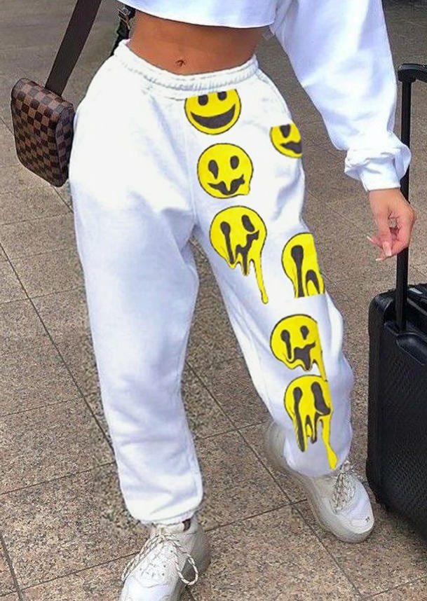 

Pants Smiley Graphic Elastic Waist Sweatpants in White. Size: ,M,L,XL