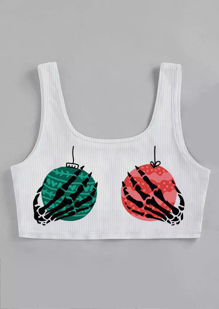 

Crop Tops Christmas Skeleton Hand Crop Tank Top in White. Size: ,M,L,XL