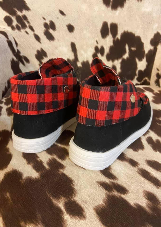 Christmas Buffalo Plaid Lace Up Flat Sneakers - Red