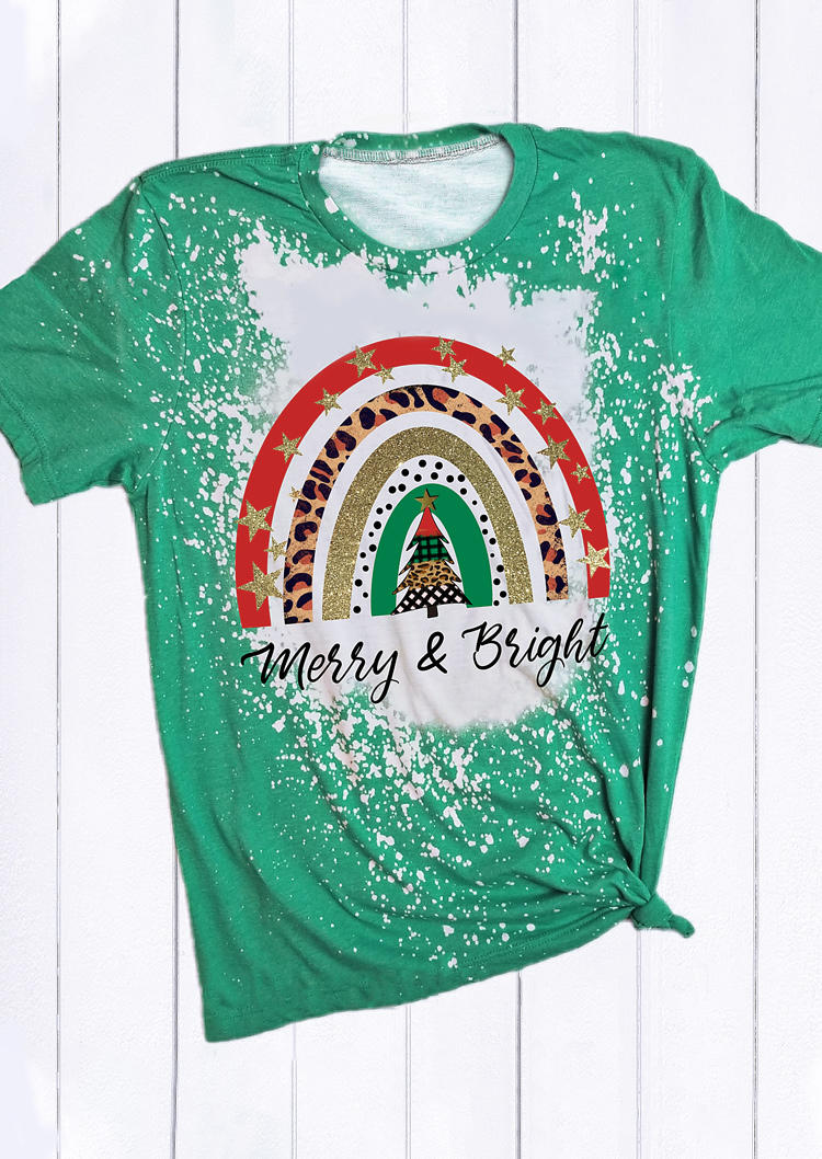 Christmas Tree Merry Bright Leopard T-Shirt Tee - Green