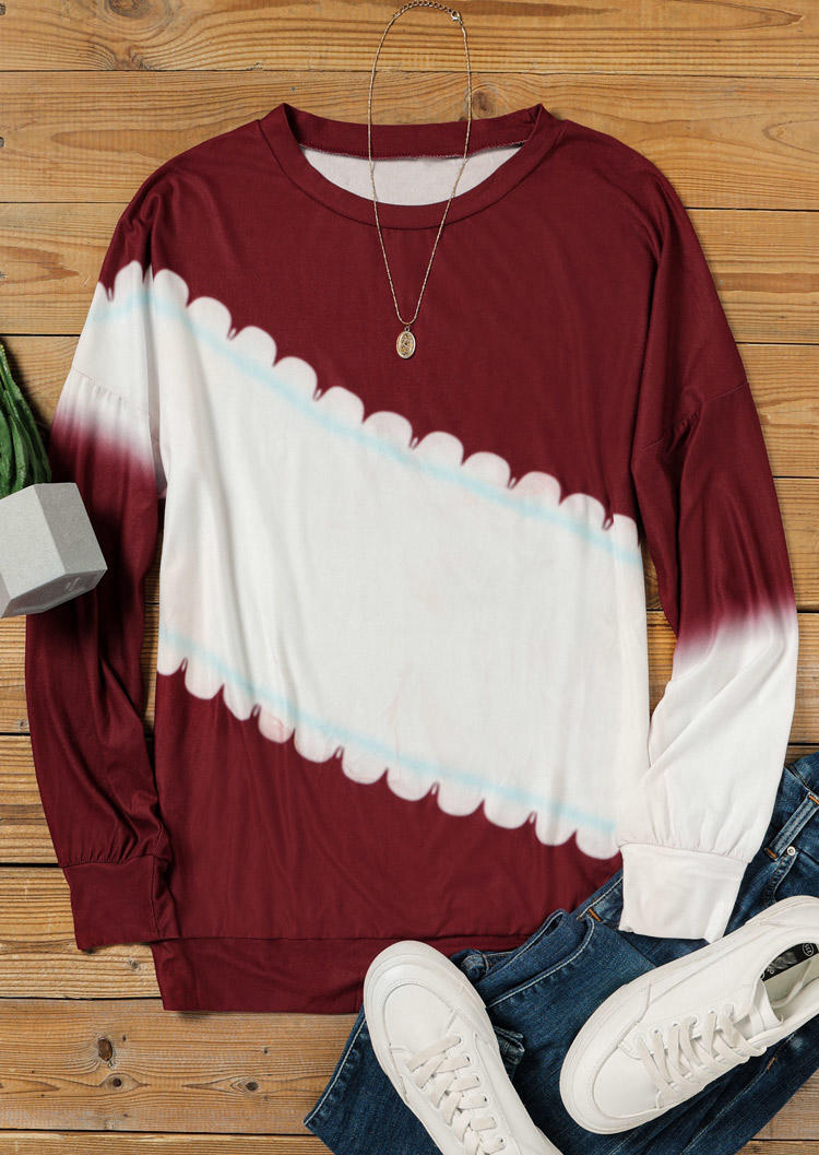 Blouses Gradient Long Sleeve O-Neck Blouse in Burgundy. Size: S
