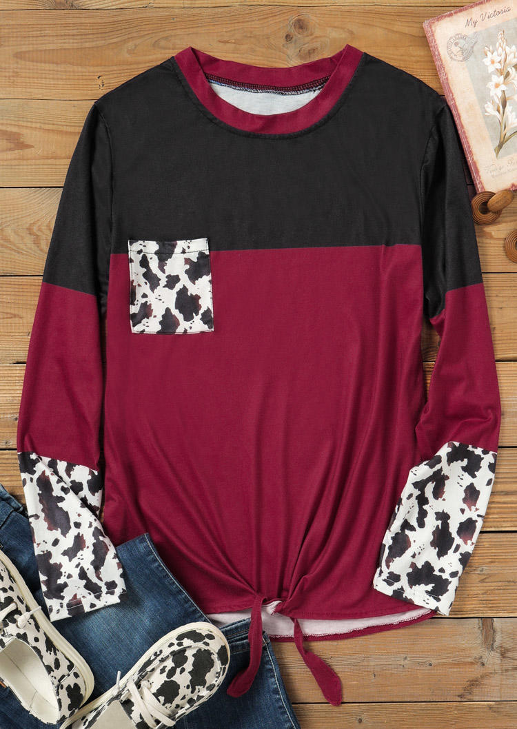 Blouses Cow Color Block Pocket Long Sleeve Blouse - Burgundy in Red. Size: M,XL