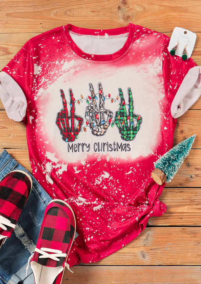 T-shirts Tees Merry Christmas Plaid Skeleton Hand Bleached T-Shirt Tee in Pink. Size: L,M,S