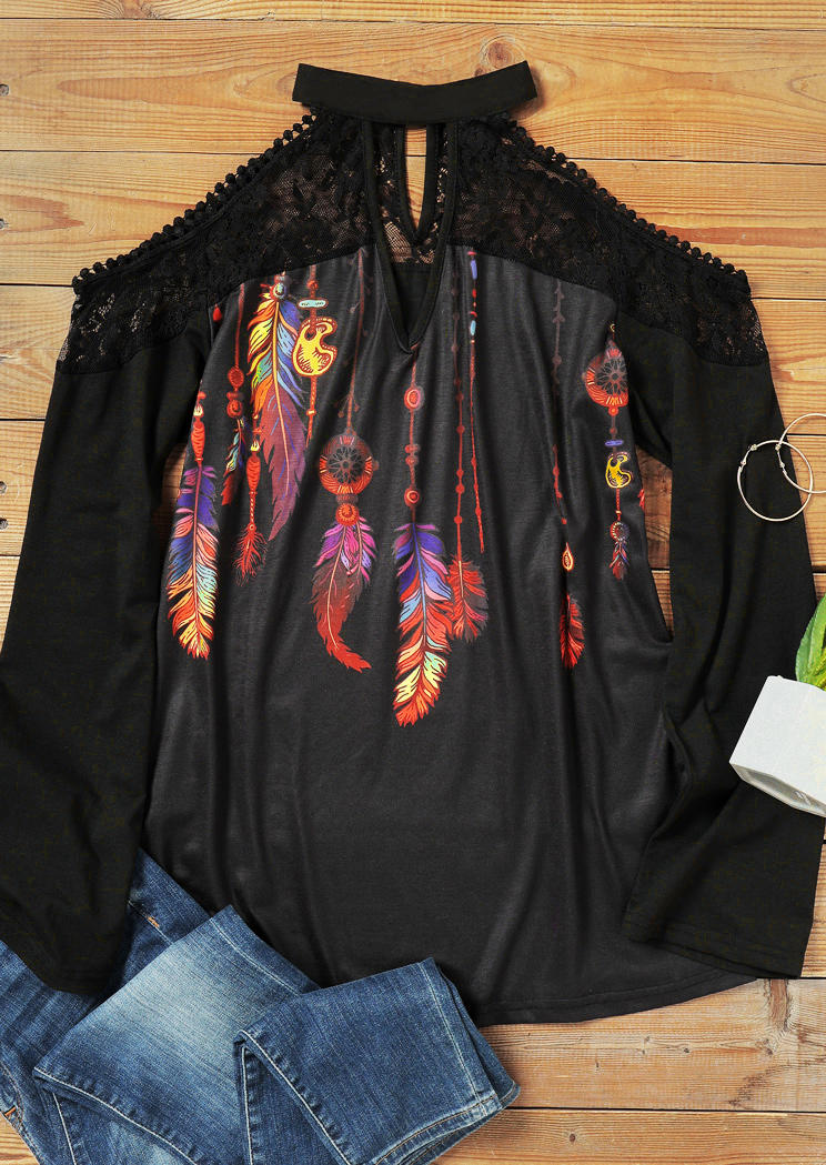 

Blouses Lace Feather Keyhole Neck Cold Shoulder Blouse in Black. Size
