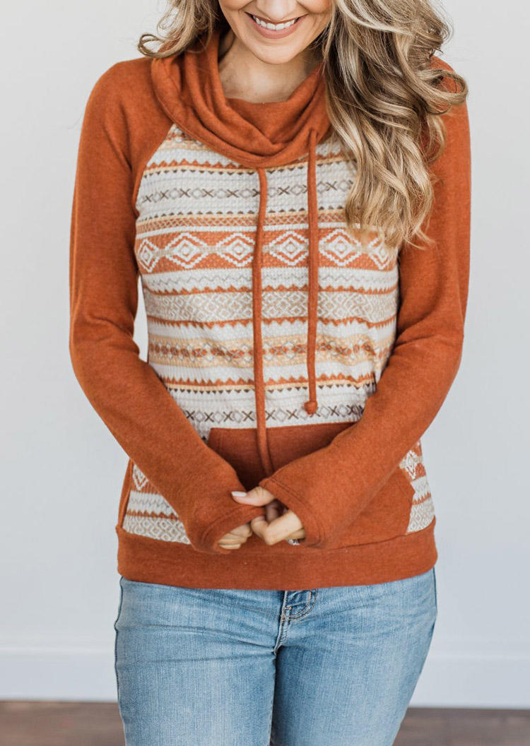 Sweatshirts Aztec Geometric Kangaroo Pocket Cowl Neck Sweatshirt in Orange. Size: L,M,XL