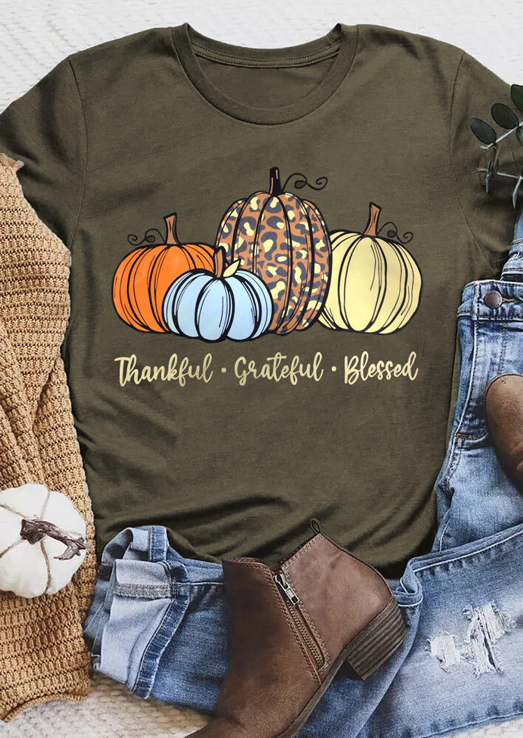 Thankful Grateful Blessed Pumpkin T-Shirt Tee - Army Green