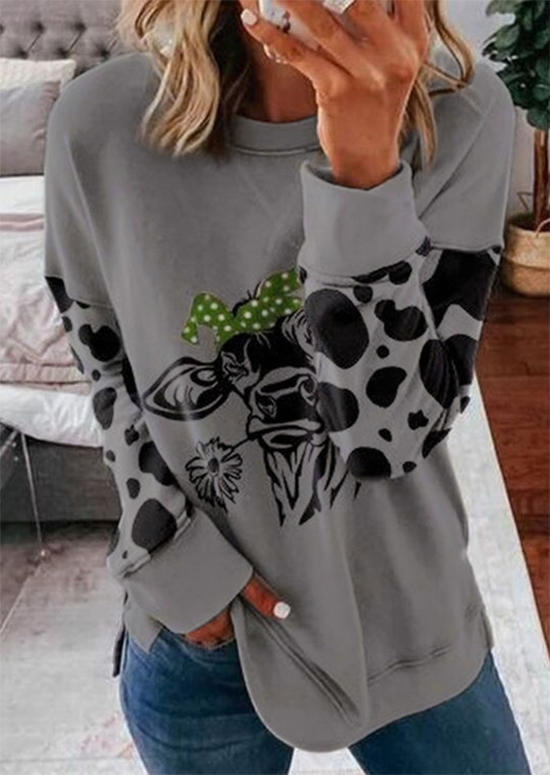 Sweatshirts Cow Floral Long Sleeve Sweatshirt in Gray. Size: S,M,L
