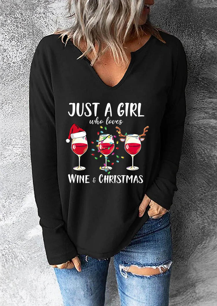 T-shirts Tees Just A Girl Who Loves Wine And Christmas T-Shirt Tee in Black. Size: L,S,XL