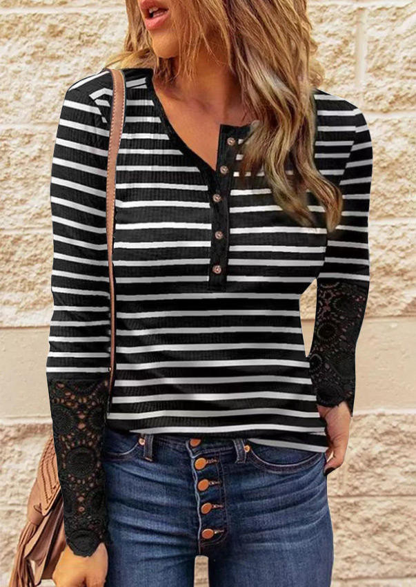

Blouses Striped Lace Splicing Hollow Out Button Blouse in Stripe. Size: ,XL
