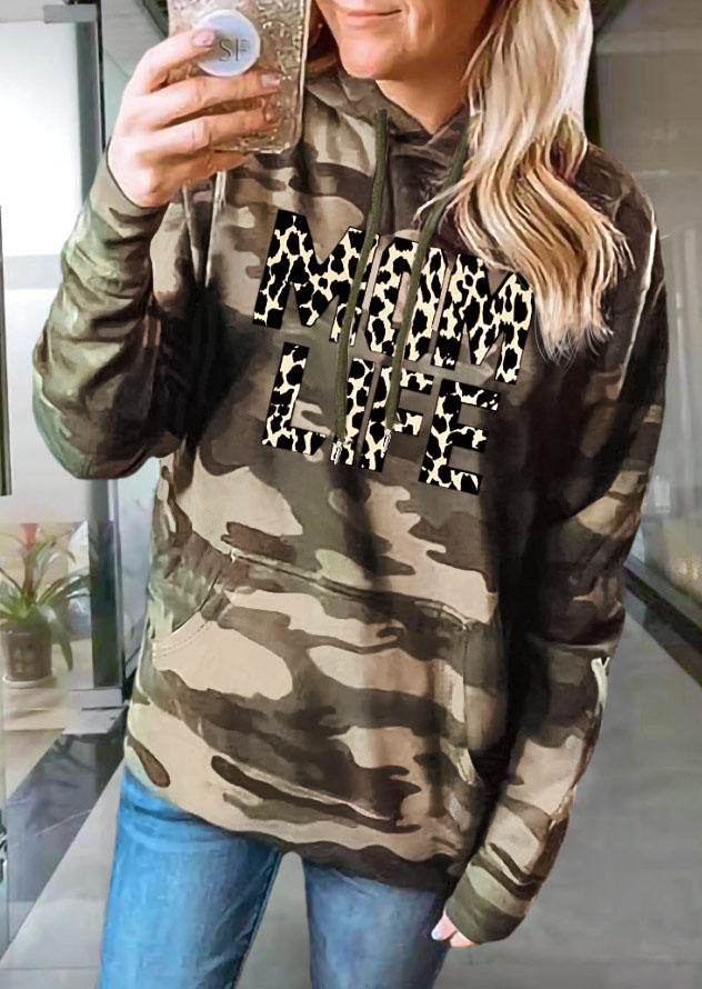 

Hoodies Camouflage Mom Life Leopard Kangaroo Pocket Hoodie in Camouflage. Size