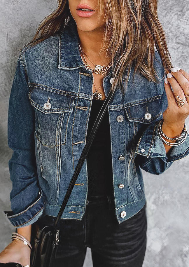 

Coats Pocket Button Denim Long Sleeve Coat in Blue. Size