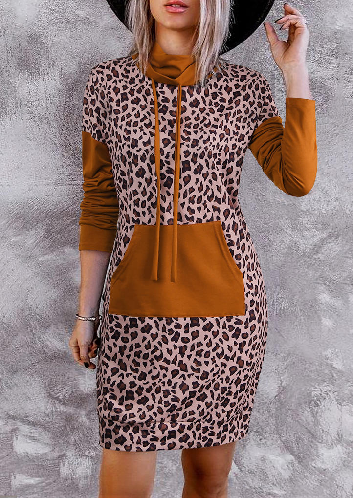 

Mini Dresses Leopard Cowl Neck Kangaroo Pocket Mini Dress in Multicolor. Size: L,M,,XL