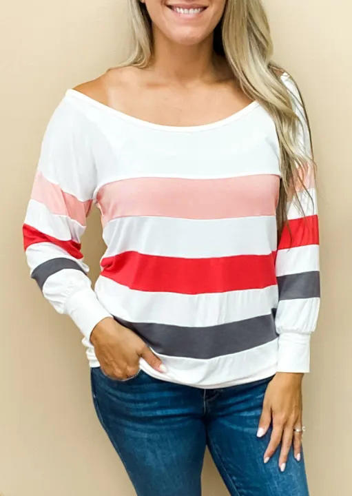 Blouses Colorful Striped Long Sleeve Blouse in White. Size: L,M,S,XL