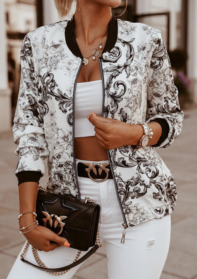 

Coats Floral Zipper Long Sleeve Coat in White. Size