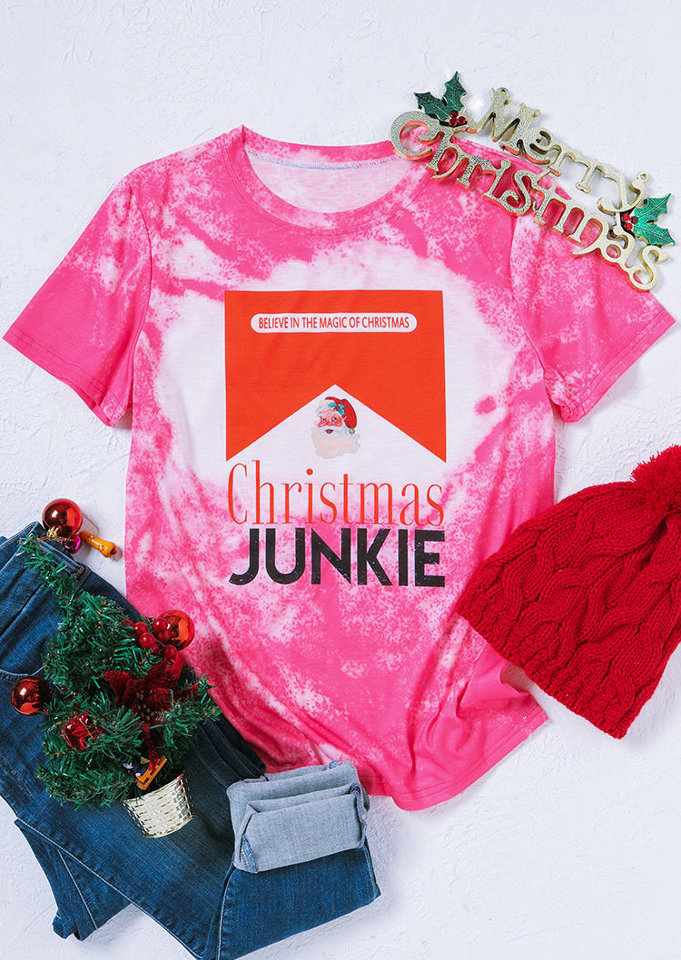 T-shirts Tees Christmas Junkie Santa Claus Bleached T-Shirt Tee in Pink. Size: L,M,S,XL