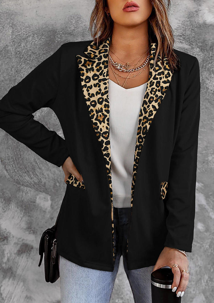 

Blazers Leopard Splicing Long Sleeve Turn-down Collar Blazer in Black. Size