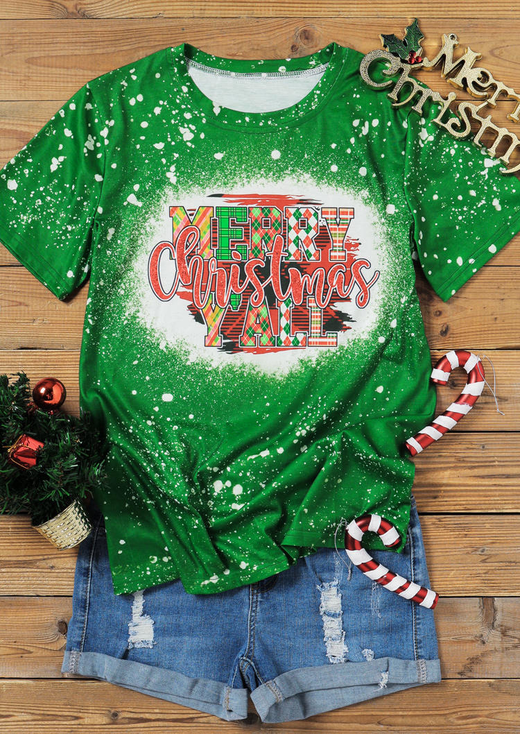 T-shirts Tees Merry Christmas Y'all Bleached T-Shirt Tee in Green. Size: S