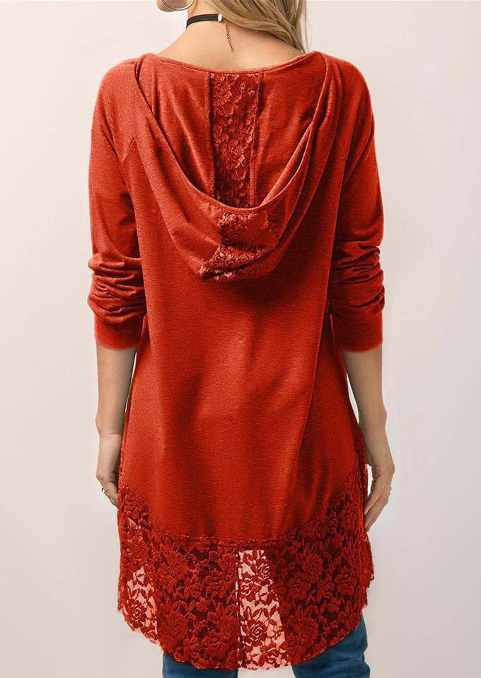 

Blouses Lace Splicing Hooded Casual Blouse in Orange. Size