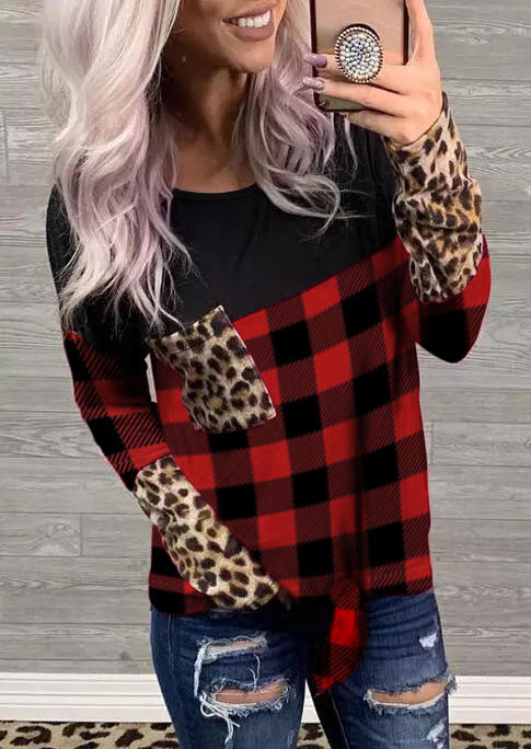 Blouses Leopard Plaid Splicing Long Sleeve Blouse in Red. Size: S,M,L