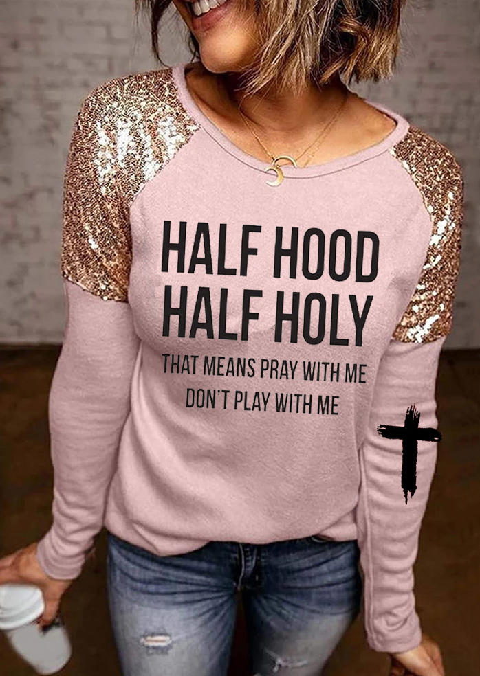 Blouses Half Hood Half Holy Sequined Cross Blouse in Pink. Size: S,M