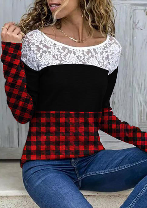 Blouses Lace Splicing Buffalo Plaid O-Neck Blouse in Multicolor. Size: 3XL