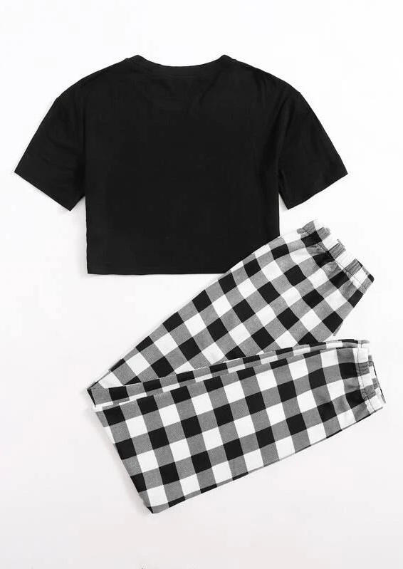 

Sleepwear Moon Crop T-Shirt Tee And Plaid Pants Pajamas Set in Black. Size: ,M,L,XL