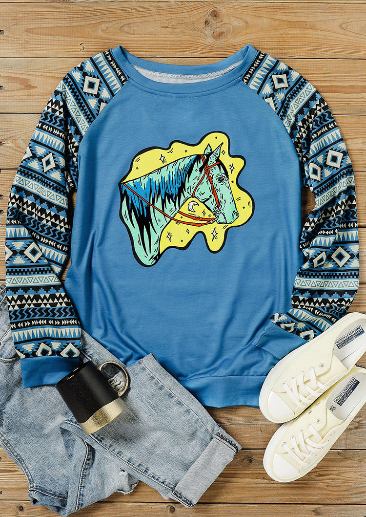 Sweatshirts Horse Aztec Geometric Raglan Sleeve Sweatshirt in Blue. Size: L,M,S